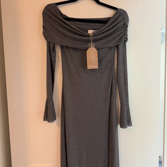 Meshki - Off Shoulder Diamante Maxi Dress - Gunmental - Picture 2 of 7